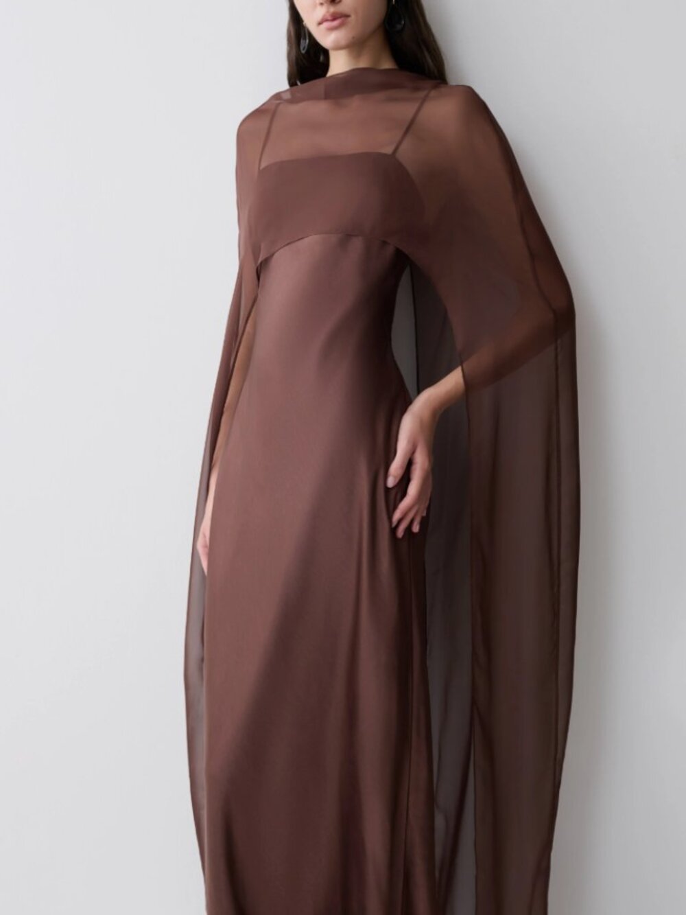 MESHKI - Martinne Chiffon Cape Maxi Dress - Mocha - Large